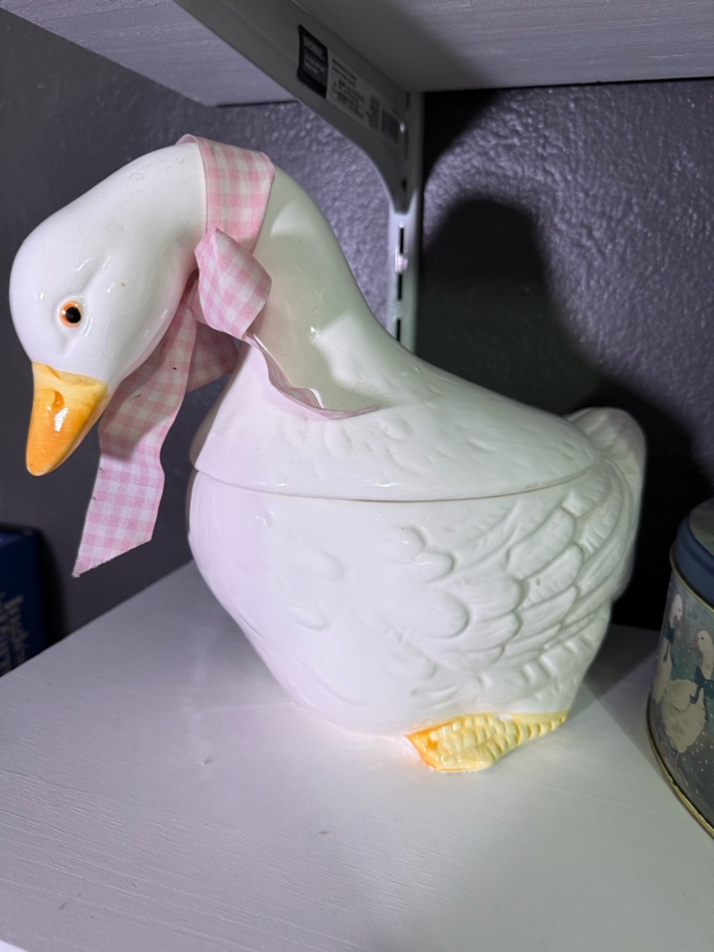 Vintage 90’s farmhouse Ceramic Goose Cookie Jar with Pink Gingham Bow